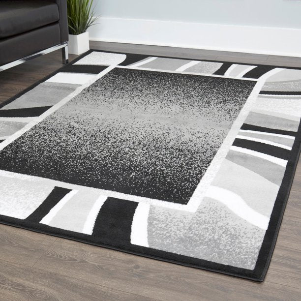 Abstract Border Runner Area Rug Black and Grey 62x43 Inches