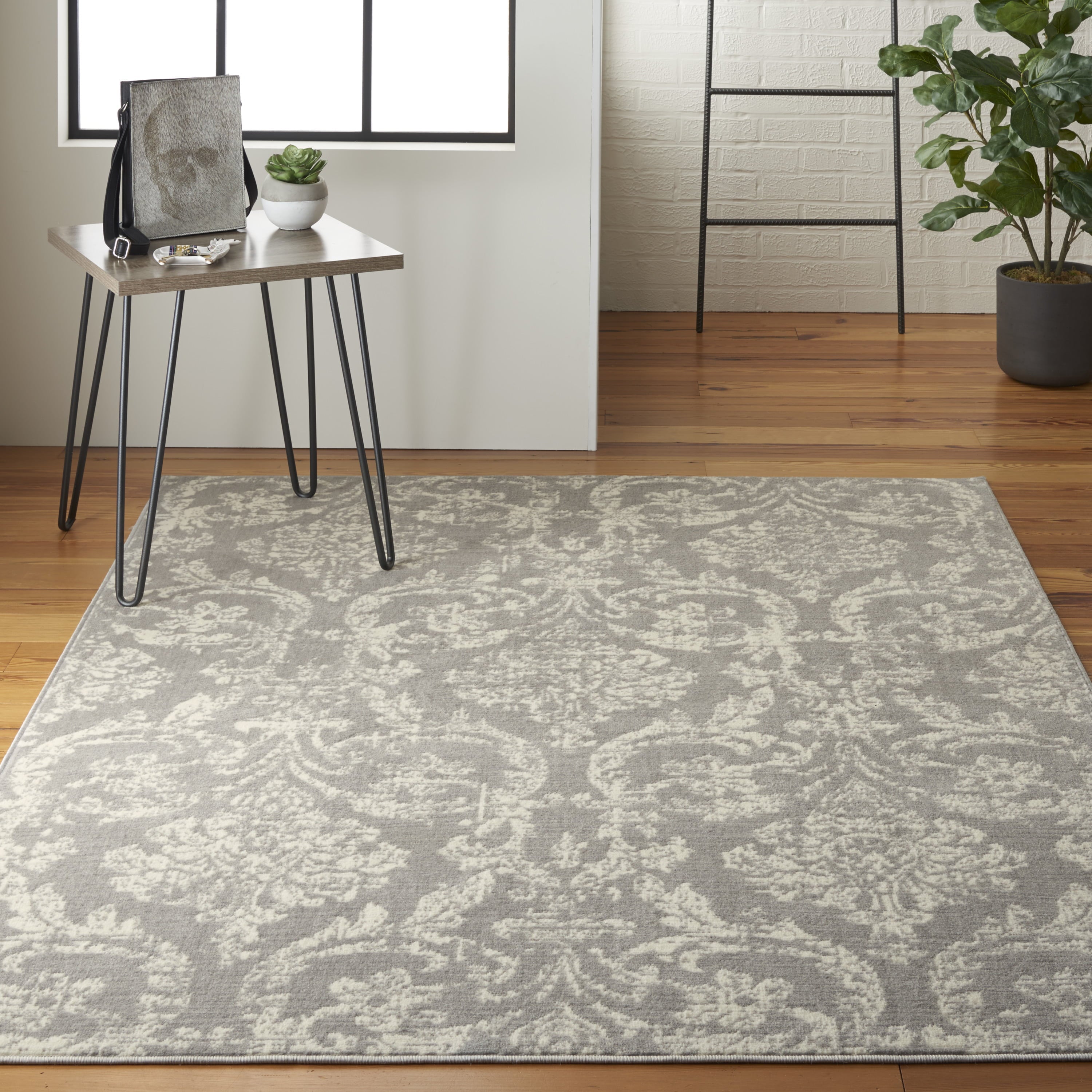 Area Rugs Distressed Damask Grey  5ft 3in x 7ft 3in