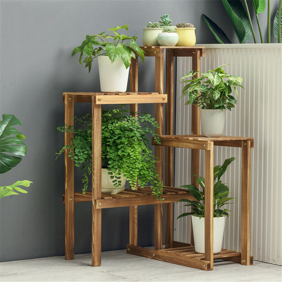 Wooden Plant Stand Shelf 6 Tier in Carbon Wood