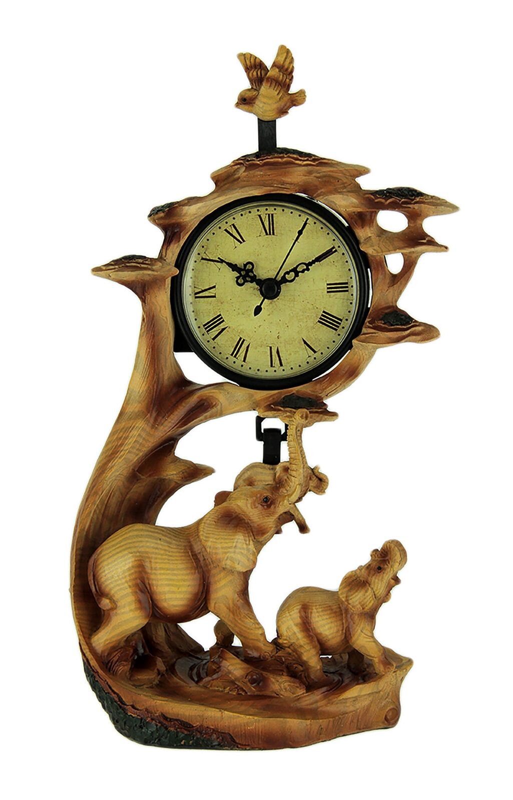 Clock Figurine with Elephant Family On Safari Carved Wood