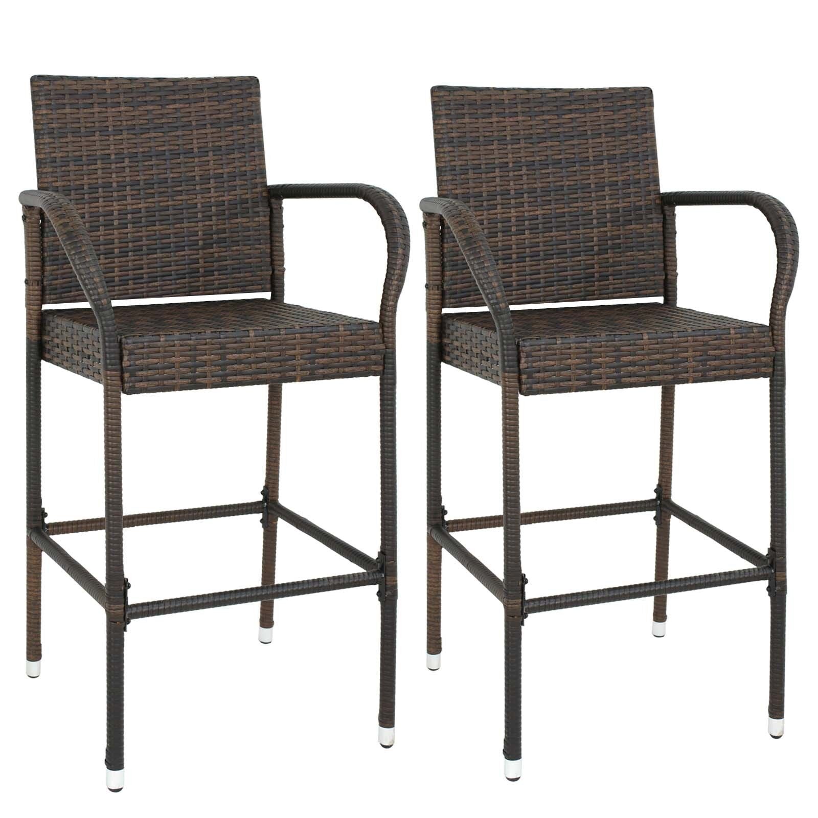 2Pieces Rattan Wicker Bar Stool Outdoor Backyard Patio Furniture Chair with Armrest