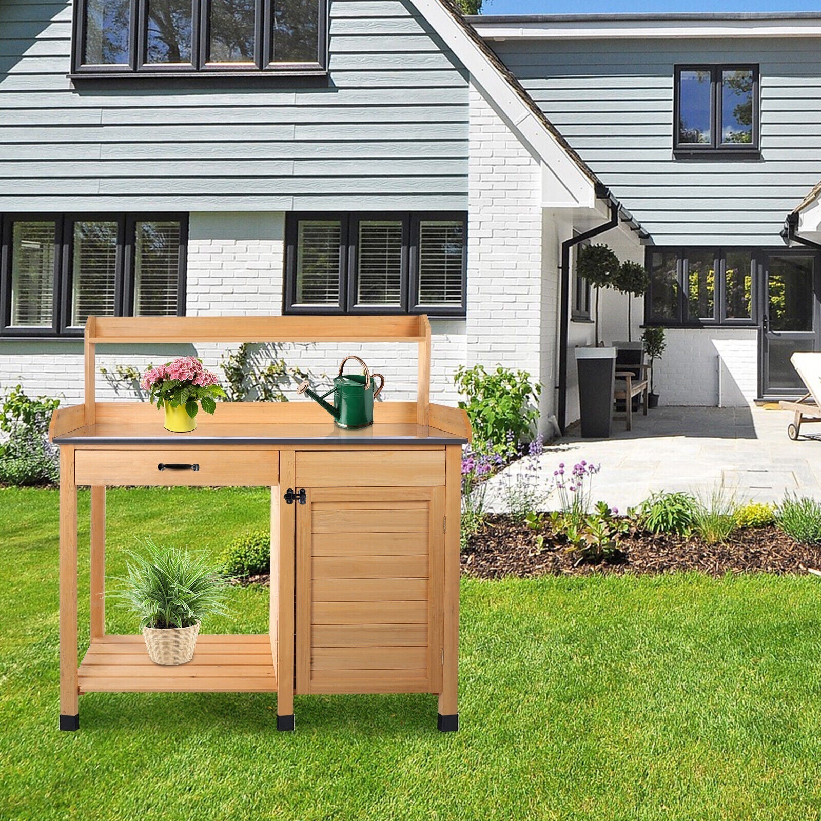 Potting Bench Table with Metal Cabinet Drawer